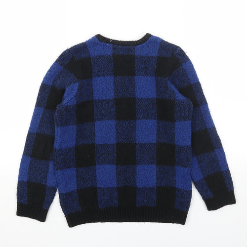 Marks and Spencer Girls Blue Round Neck Check Acrylic Pullover Jumper Size 9-10 Years Pullover