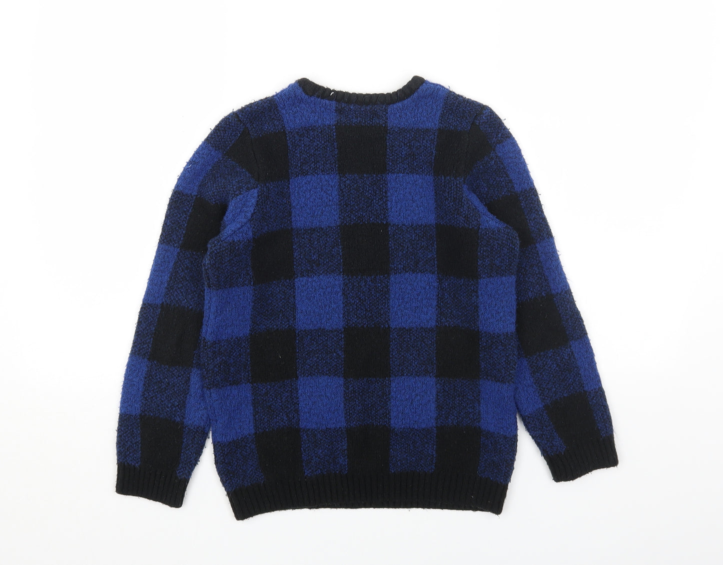 Marks and Spencer Girls Blue Round Neck Check Acrylic Pullover Jumper Size 9-10 Years Pullover