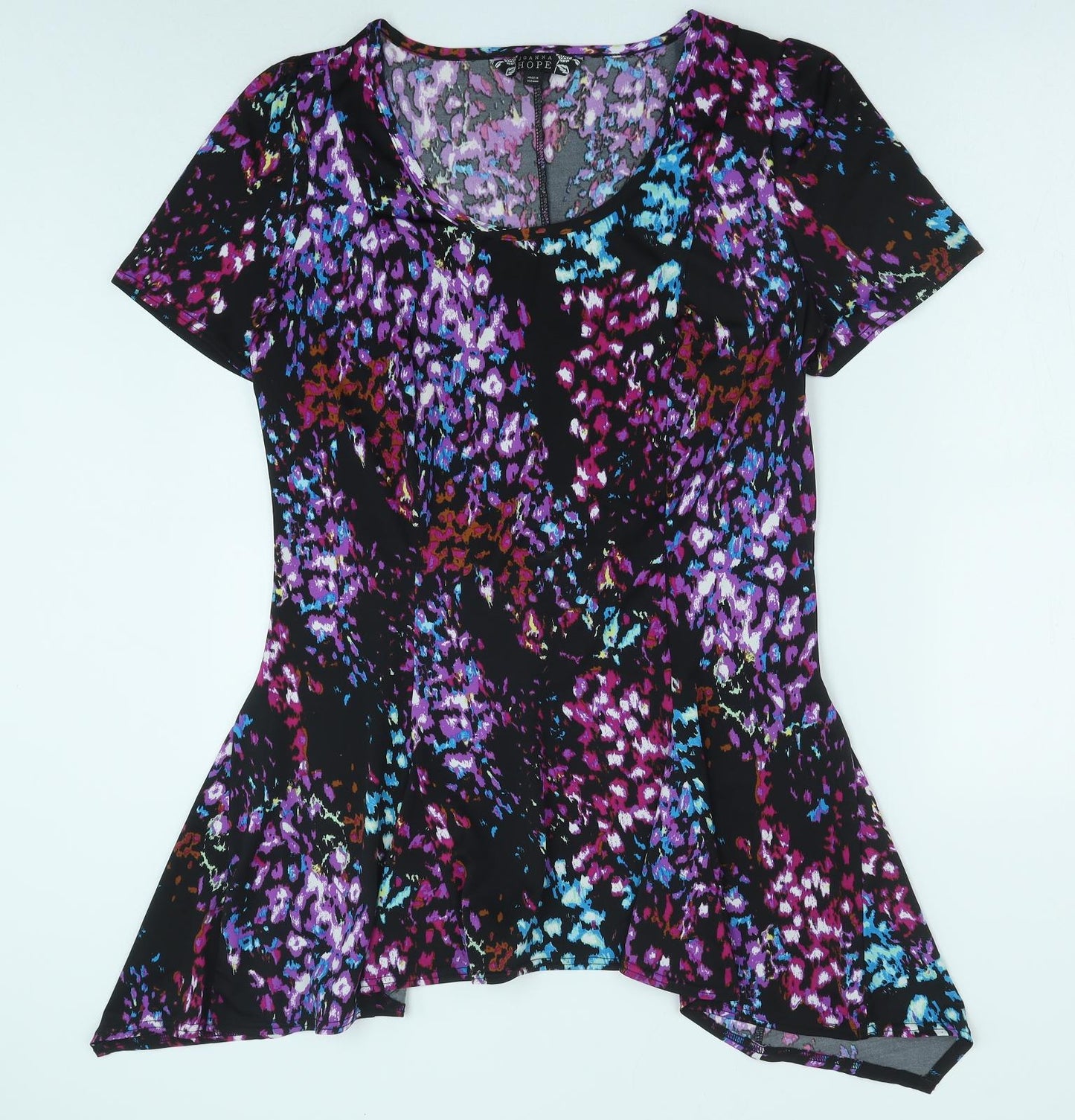 Joanna Hope Womens Purple Geometric Polyester Basic T-Shirt Size 14 Scoop Neck - Hanky Hem