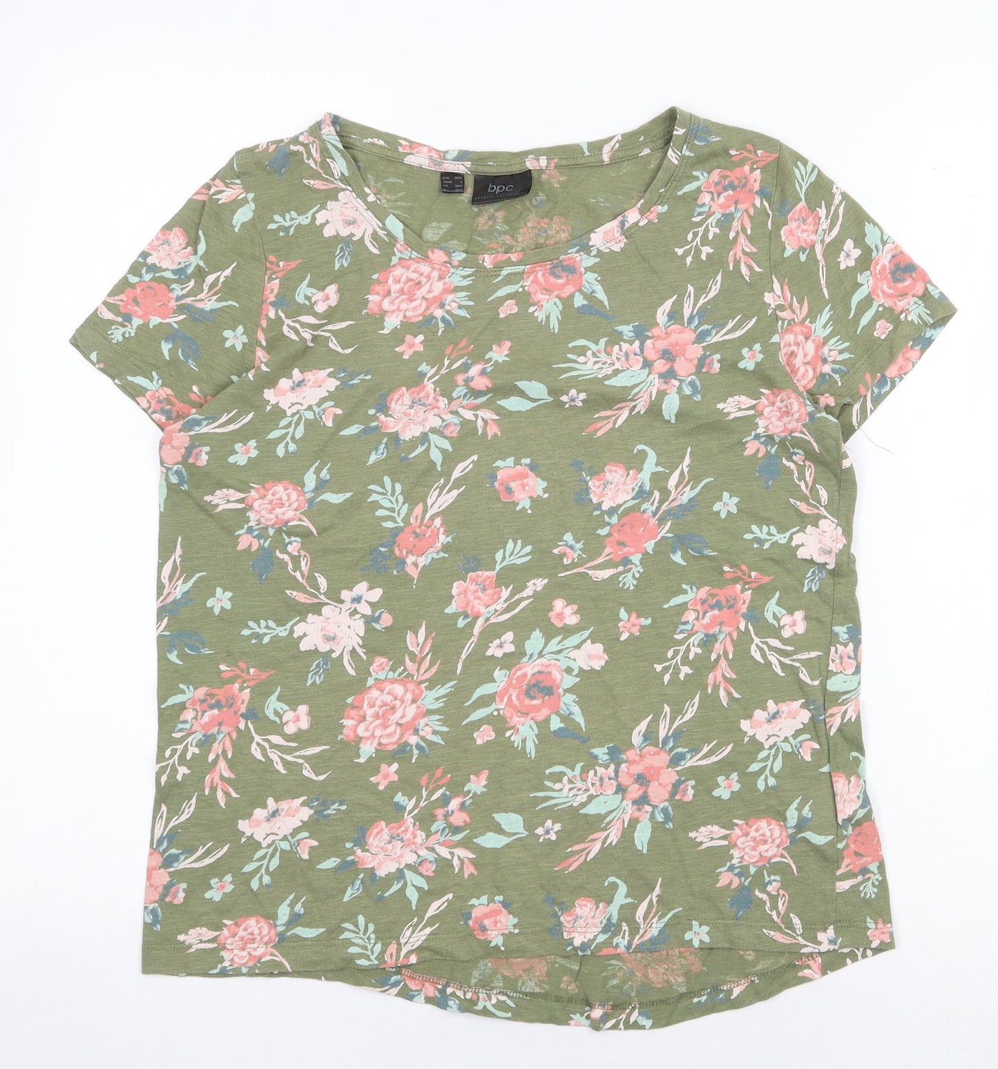 bonprix Womens Green Geometric 100% Cotton Basic T-Shirt Size S Round Neck
