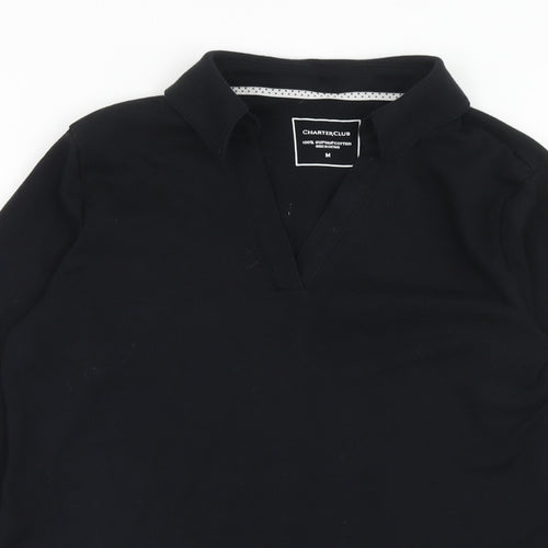 Charter Club Womens Black Cotton Basic T-Shirt Size M Collared