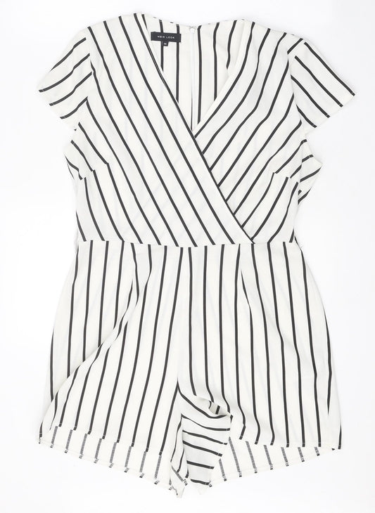 New Look Womens White Striped Polyester Playsuit One-Piece Size 10 Zip