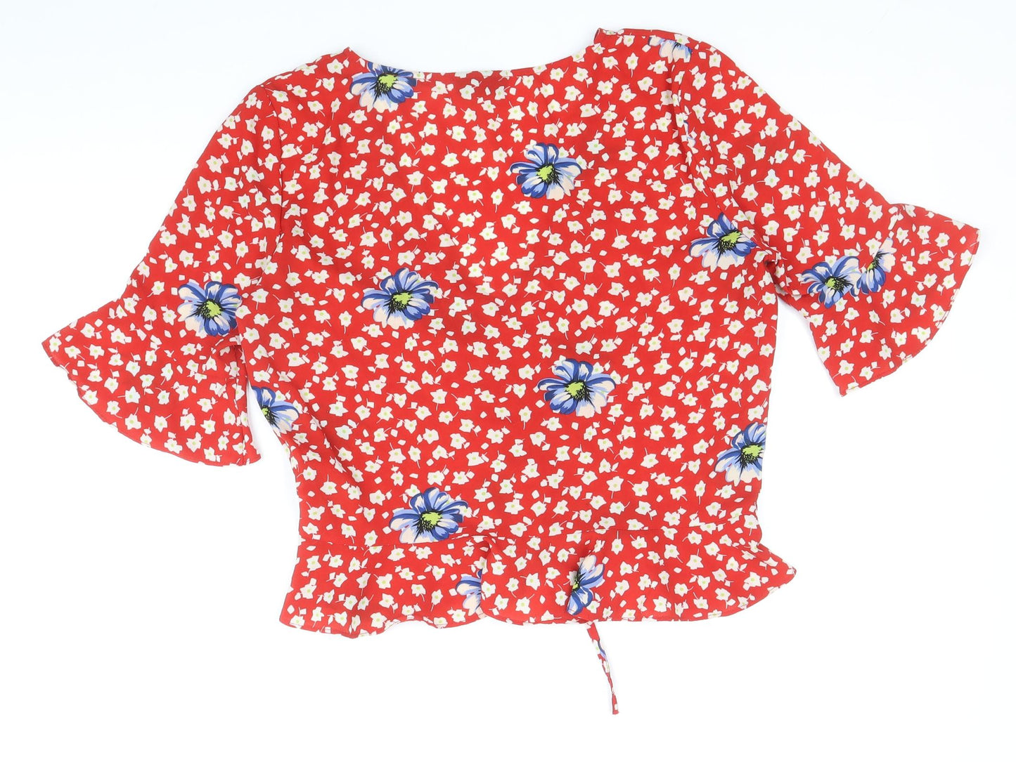 Topshop Womens Red Floral Polyester Cropped Blouse Size 12 V-Neck - Ruched