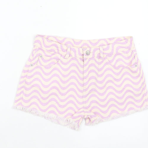 Marks and Spencer Girls Purple Geometric Cotton Cut-Off Shorts Size 12-13 Years Regular Buckle