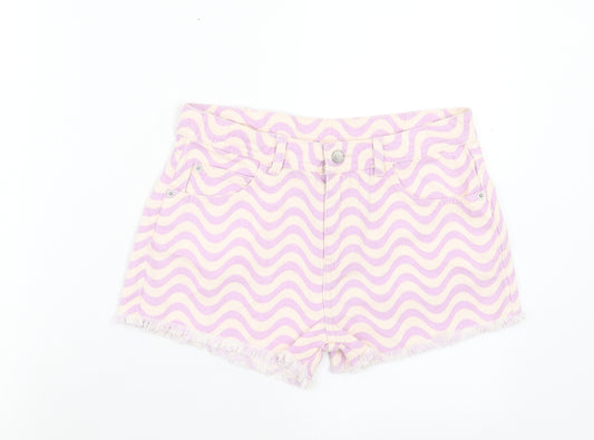 Marks and Spencer Girls Purple Geometric Cotton Cut-Off Shorts Size 12-13 Years Regular Buckle