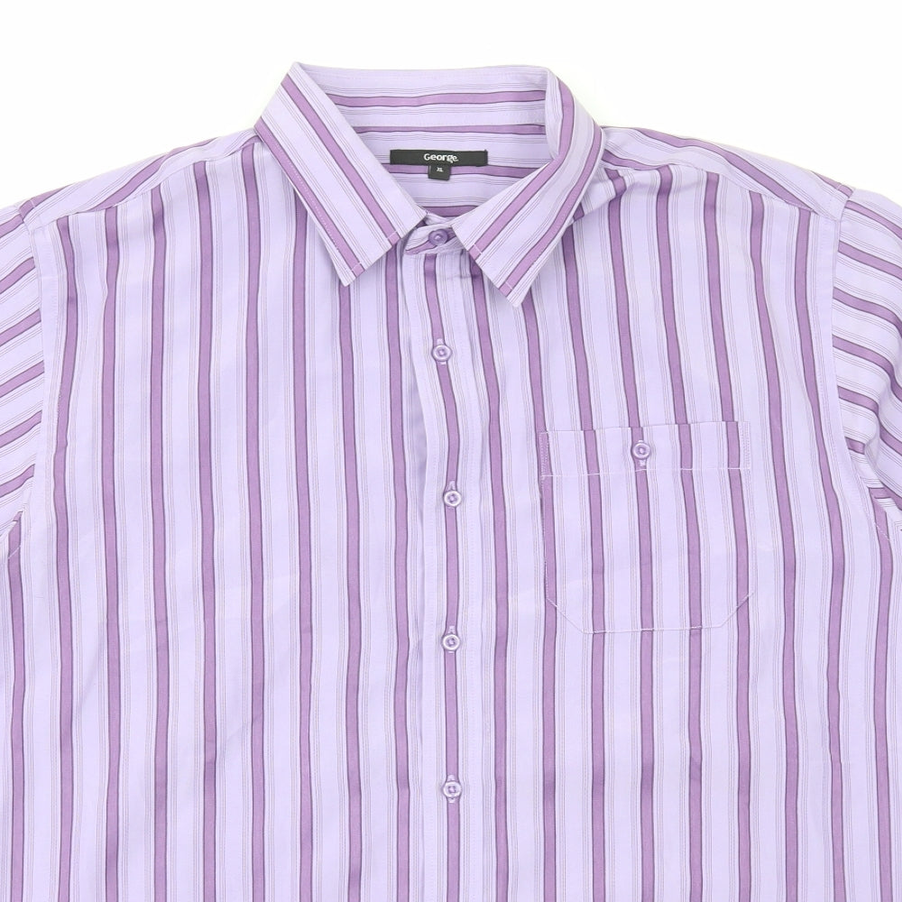 George Mens Purple Striped Polyester Button-Up Size XL Collared Button