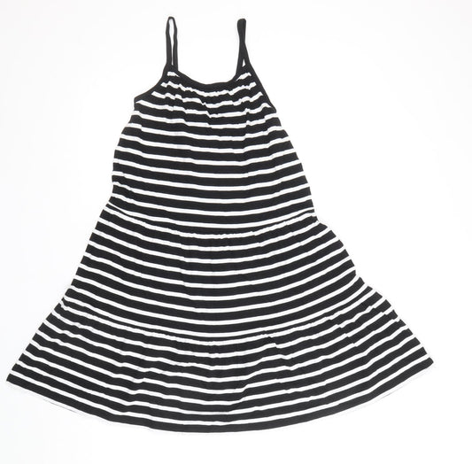Marks and Spencer Girls Black Striped 100% Cotton Skater Dress Size 7-8 Years Square Neck Pullover