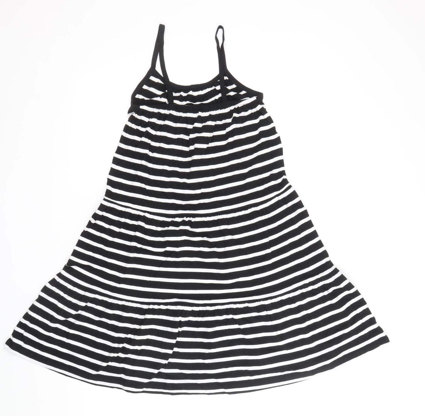 Marks and Spencer Girls Black Striped 100% Cotton Skater Dress Size 7-8 Years Square Neck Pullover