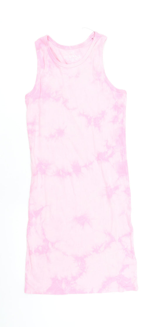 Marks and Spencer Girls Pink Cotton Tank Dress Size 13-14 Years Round Neck Pullover - Tie Dye Pattern