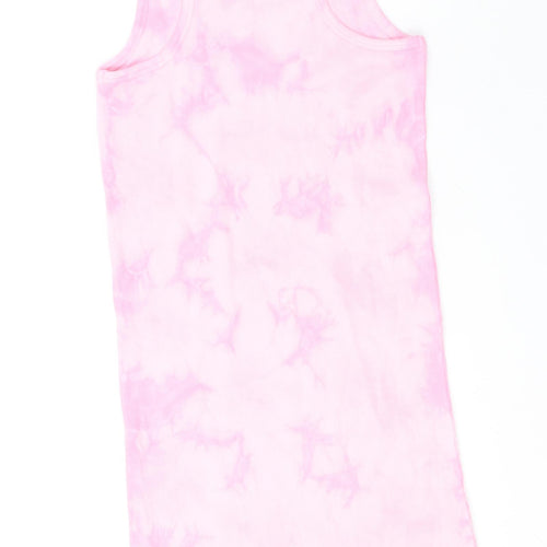 Marks and Spencer Girls Pink Geometric Cotton Tank Dress Size 11-12 Years Round Neck Pullover - Tie Dye Pattern