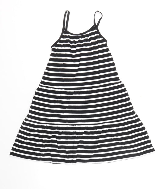Marks and Spencer Girls Black Striped 100% Cotton Skater Dress Size 6-7 Years Round Neck Pullover