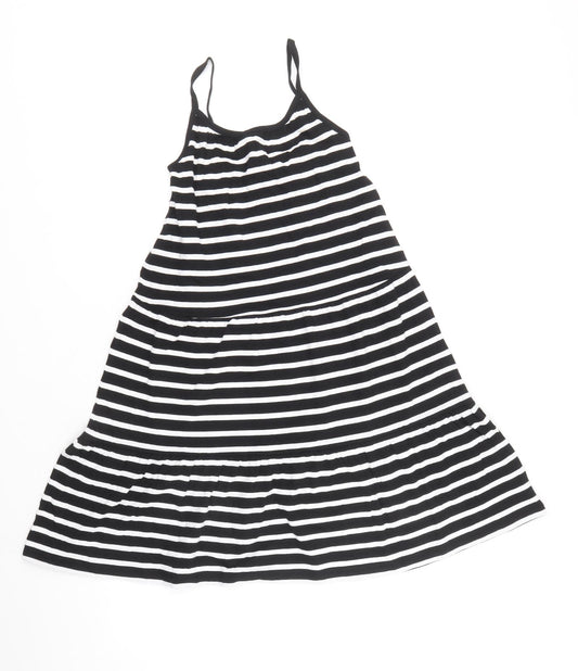 Marks and Spencer Girls Black Striped 100% Cotton Skater Dress Size 6-7 Years Square Neck Pullover