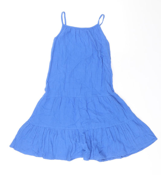 Marks and Spencer Girls Blue 100% Cotton Skater Dress Size 6-7 Years Square Neck Pullover