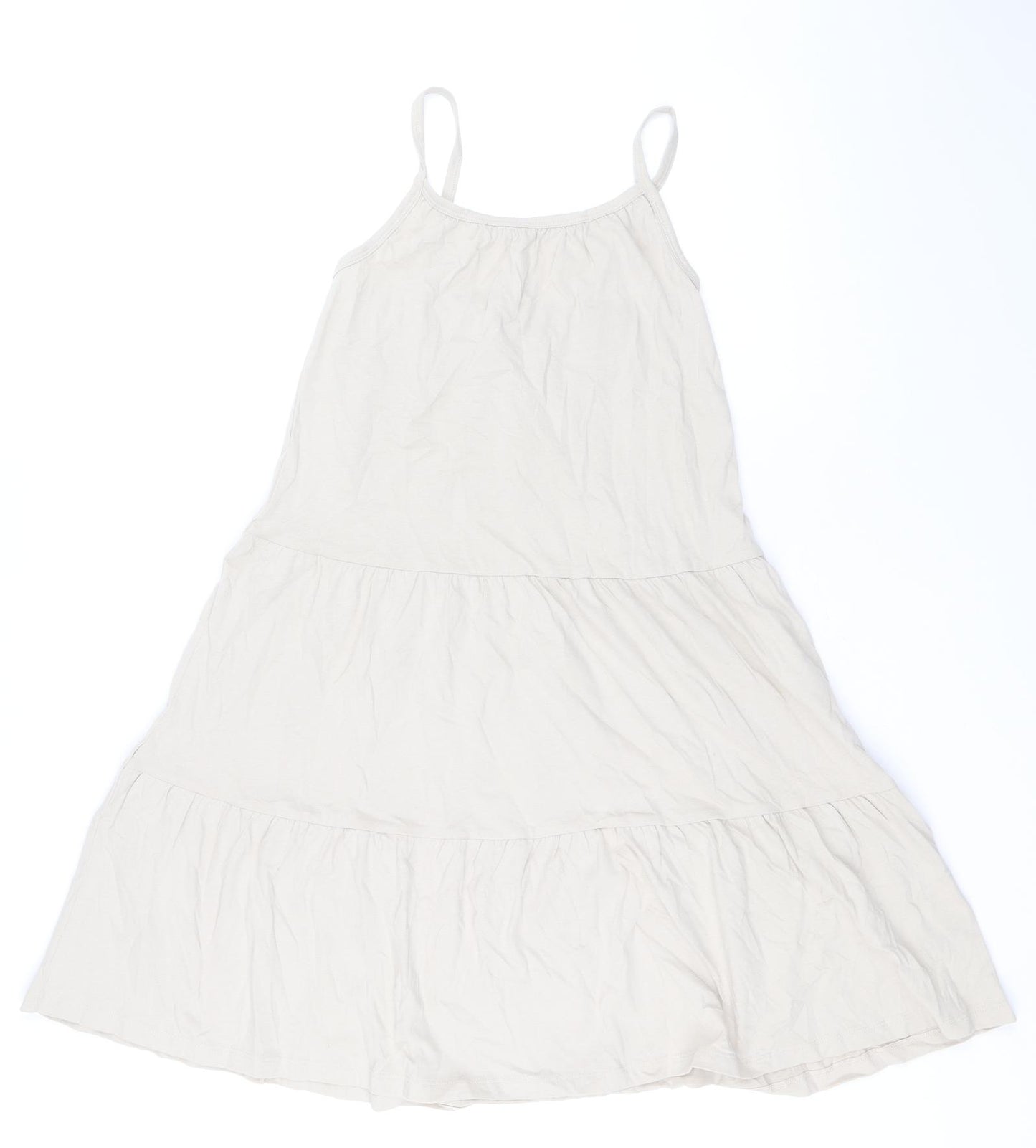Marks and Spencer Girls Beige 100% Cotton Skater Dress Size 7-8 Years Square Neck Pullover