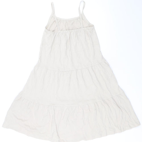 Marks and Spencer Girls Beige 100% Cotton Skater Dress Size 7-8 Years Square Neck Pullover