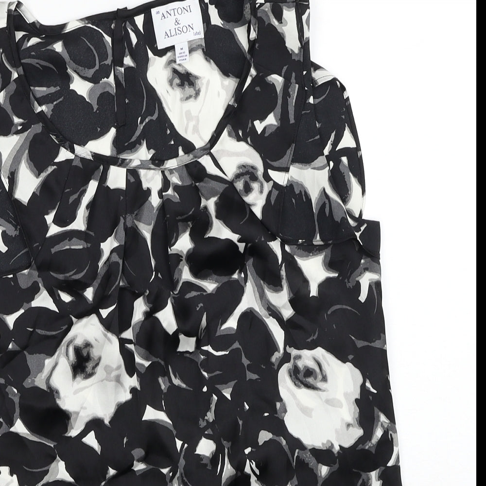 Antoni & Alison Womens Black Floral Polyester Basic Button-Up Size M Round Neck