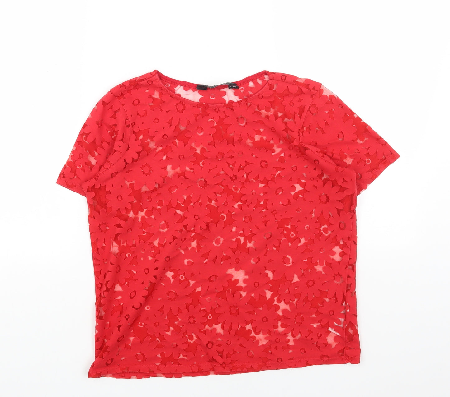 Dorothy Perkins Womens Red Floral Cotton Basic Blouse Size 8 Boat Neck