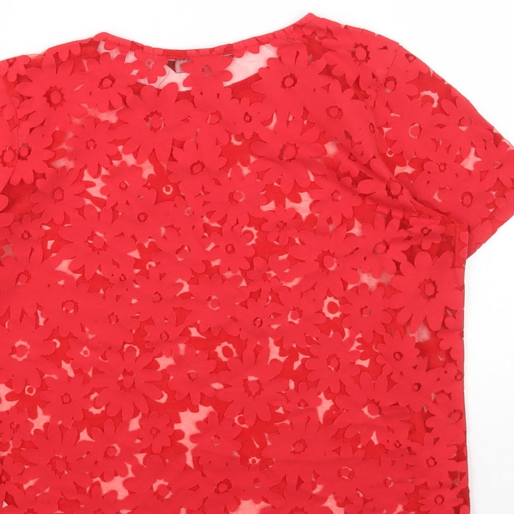 Dorothy Perkins Womens Red Floral Cotton Basic Blouse Size 8 Boat Neck
