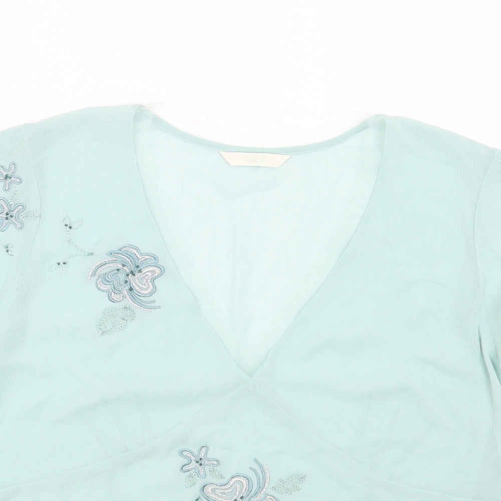 Marks and Spencer Womens Blue Polyester Basic Blouse Size 14 V-Neck