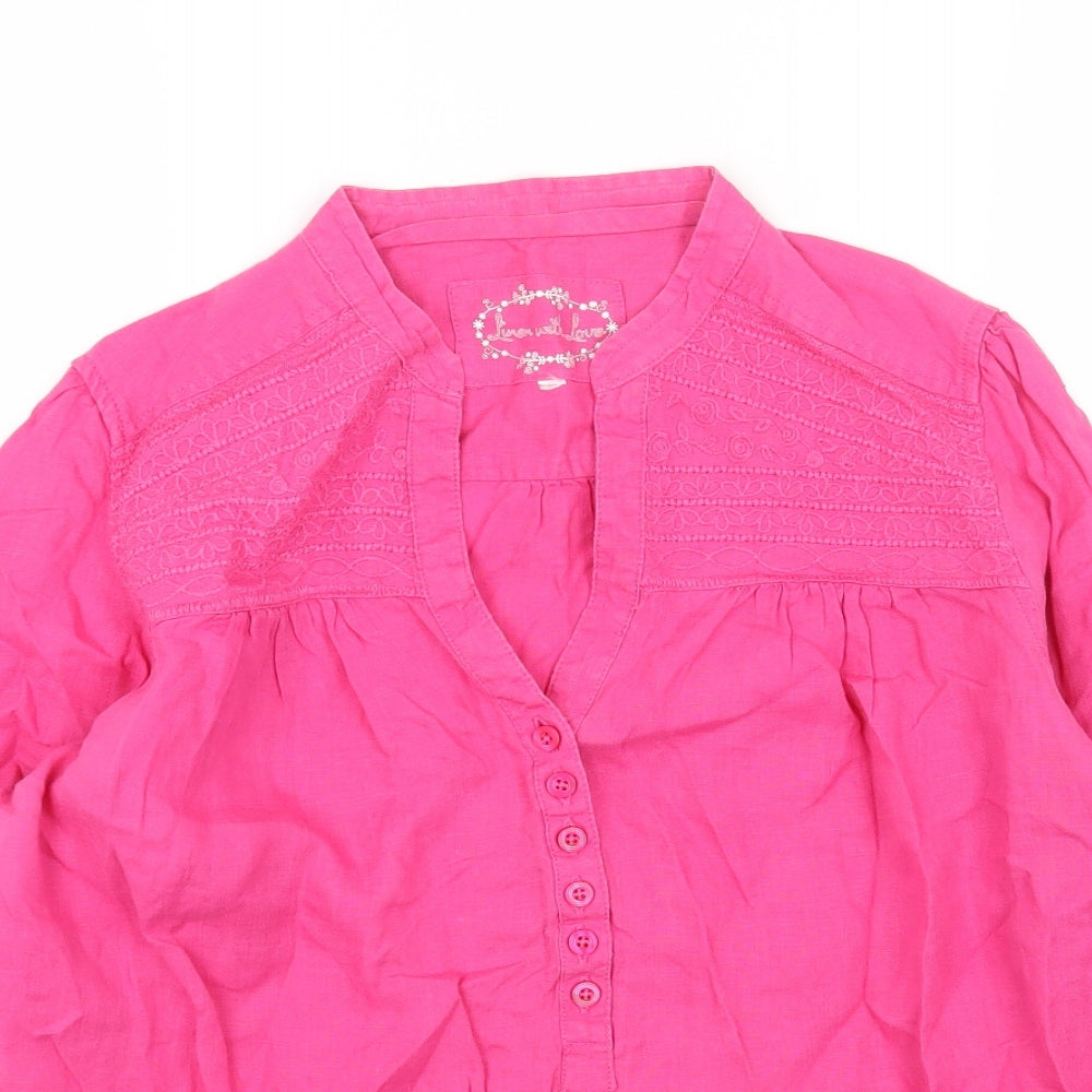 Marks and Spencer Womens Pink Linen Basic Blouse Size 18 V-Neck
