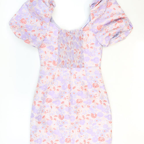 Forever New Womens Purple Floral Polyester Mini Size 6 V-Neck Zip - Shirred Back