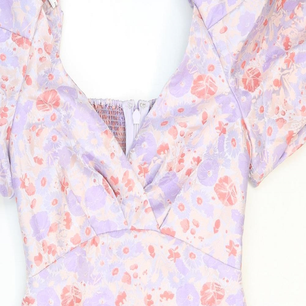 Forever New Womens Purple Floral Polyester Mini Size 6 V-Neck Zip - Shirred Back