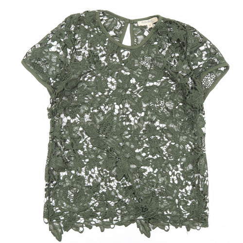 Rebellion Womens Green Floral Cotton Basic T-Shirt Size M Round Neck