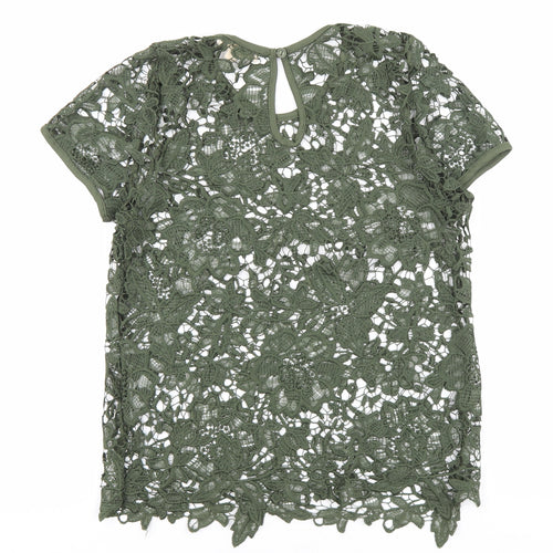 Rebellion Womens Green Floral Cotton Basic T-Shirt Size M Round Neck