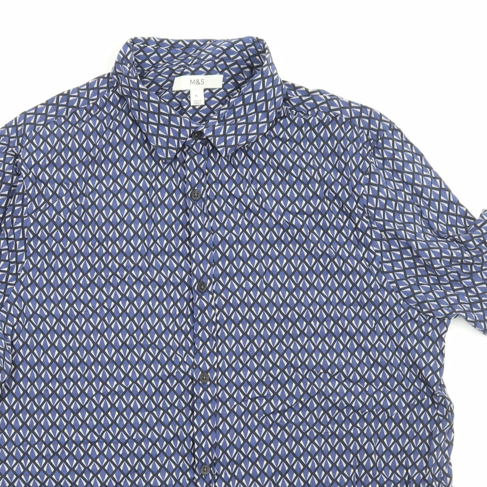 Marks and Spencer Mens Blue Geometric Viscose Button-Up Size XL Collared Button