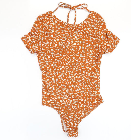 SheIn Womens Orange Floral Polyester Bodysuit One-Piece Size 8 Snap