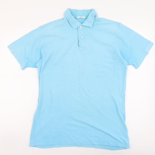 Marks and Spencer Mens Blue Cotton Polo Size M Collared Button
