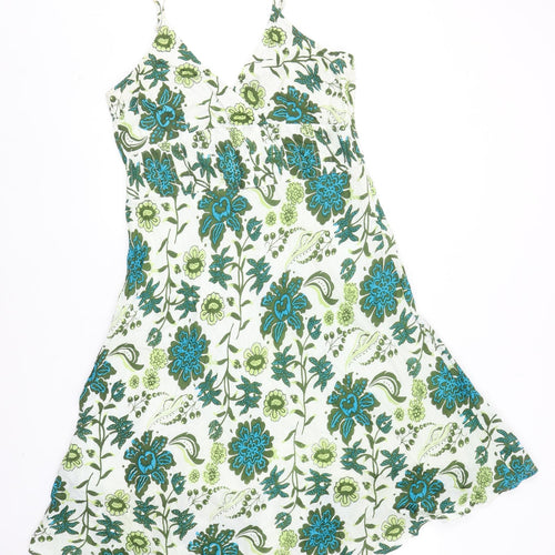 Kushi Womens Green Floral Cotton Slip Dress Size 14 V-Neck Zip