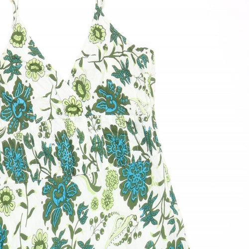 Kushi Womens Green Floral Cotton Slip Dress Size 14 V-Neck Zip