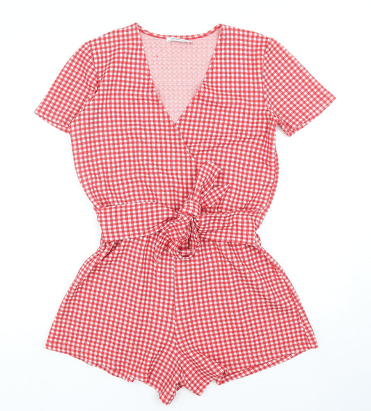 Zara Womens Red Check Polyester Playsuit One-Piece Size M Pullover