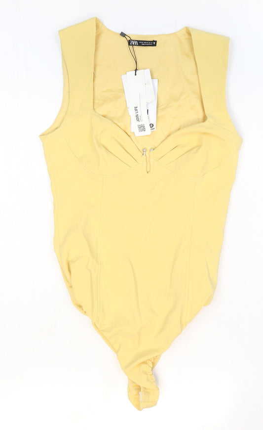Zara Womens Yellow Polyester Bodysuit One-Piece Size M Snap