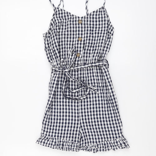 New Look Womens Blue Check Cotton Playsuit One-Piece Size 6 Button