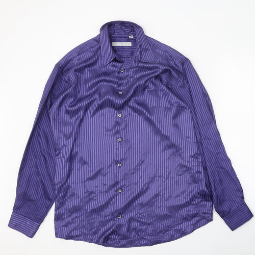 R. I. Clothing Company Mens Purple Striped Polyester Button-Up Size L Collared Button
