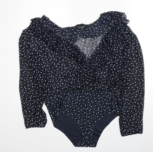 Zara Womens Black Geometric Polyester Bodysuit One-Piece Size L Snap - Star