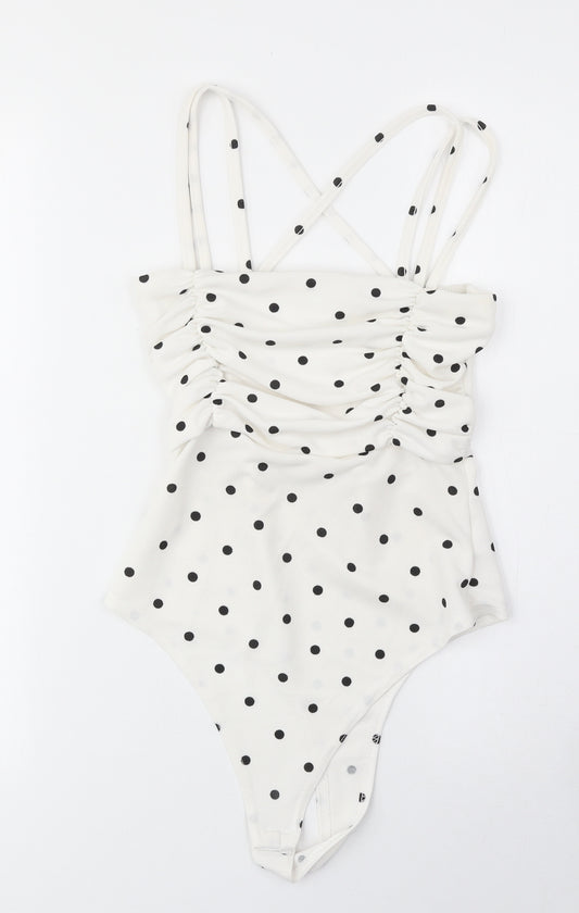 PRETTYLITTLETHING Womens White Polka Dot Polyester Playsuit One-Piece Size 8 Snap