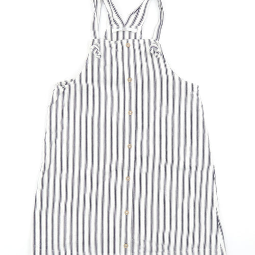 Marks and Spencer Girls Blue Striped Cotton Pinafore/Dungaree Dress Size 7-8 Years Square Neck Tie