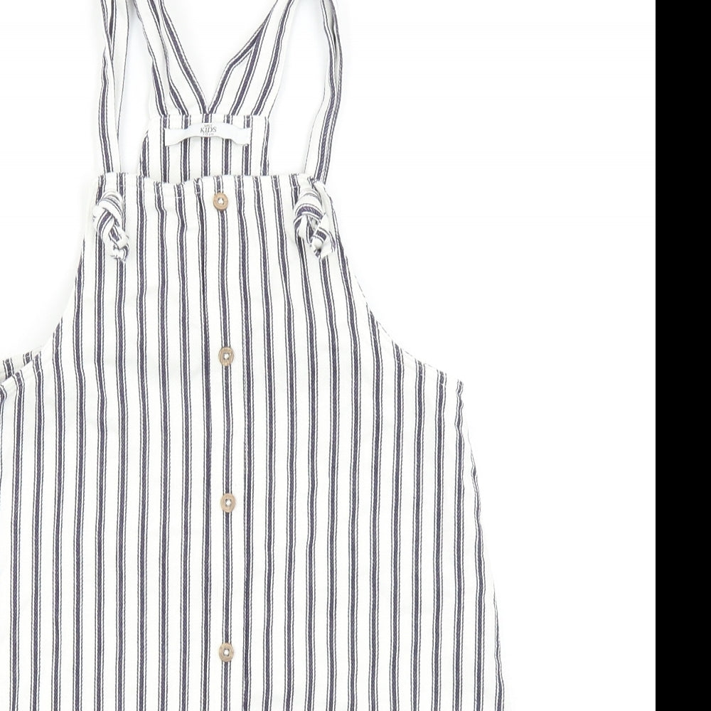 Marks and Spencer Girls Blue Striped Cotton Pinafore/Dungaree Dress Size 7-8 Years Square Neck Tie