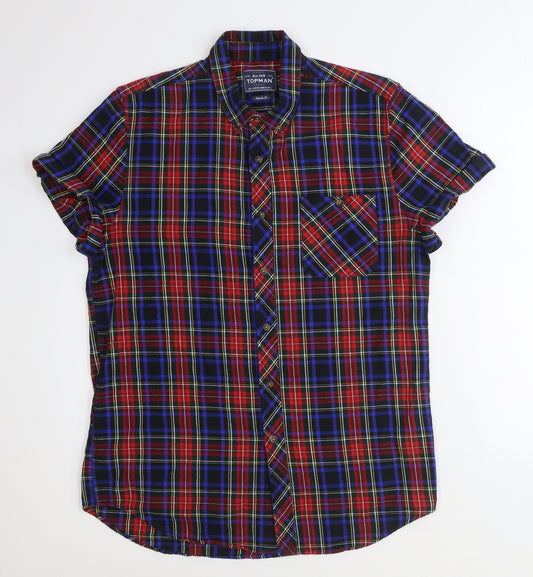 Topman Mens Red Plaid Cotton Button-Up Size L Collared Button