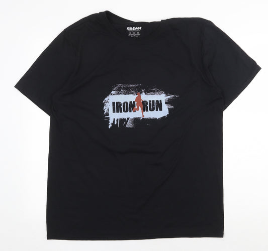 Gildan Mens Black Polyester T-Shirt Size L Round Neck - Iron Run