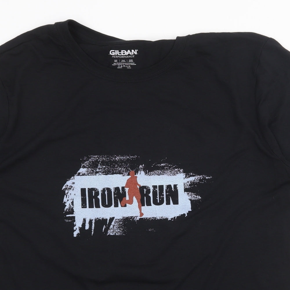 Gildan Mens Black Polyester T-Shirt Size L Round Neck - Iron Run
