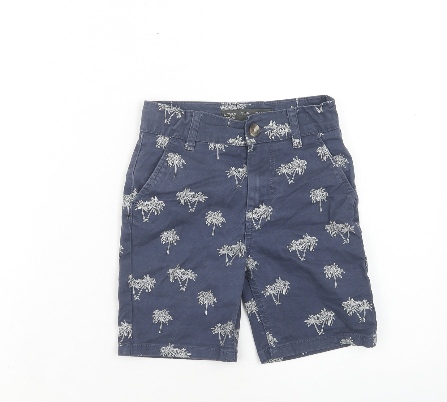 Denim & Co. Boys Blue Geometric Cotton Chino Shorts Size 6-7 Years Regular Zip - Palm Leaves