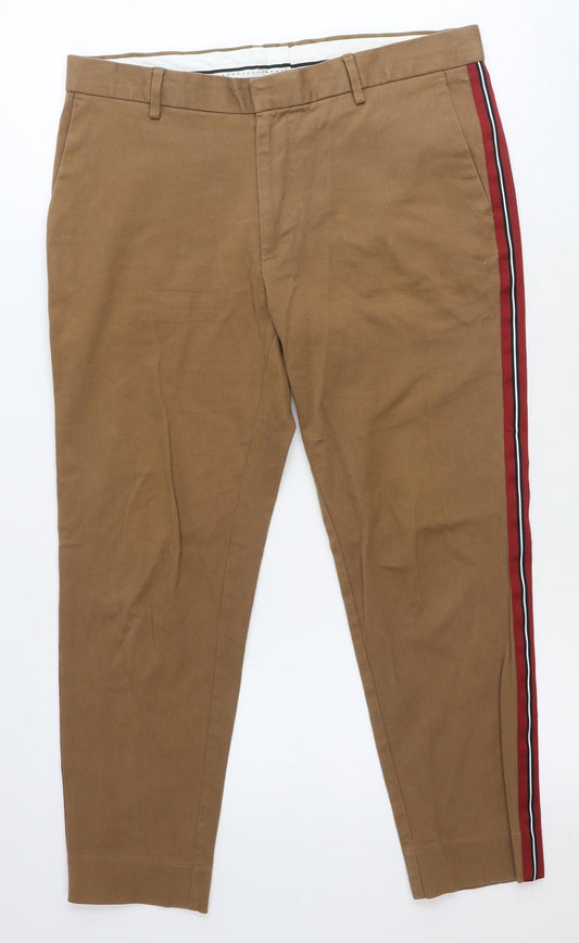 Topman Mens Brown Cotton Chino Trousers Size 34 in L25 in Regular Zip