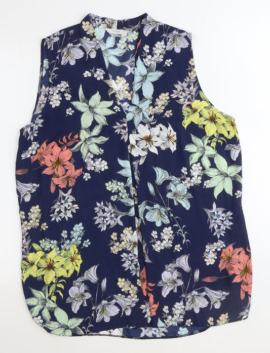 George Womens Blue Floral Polyester Basic Blouse Size 16 V-Neck