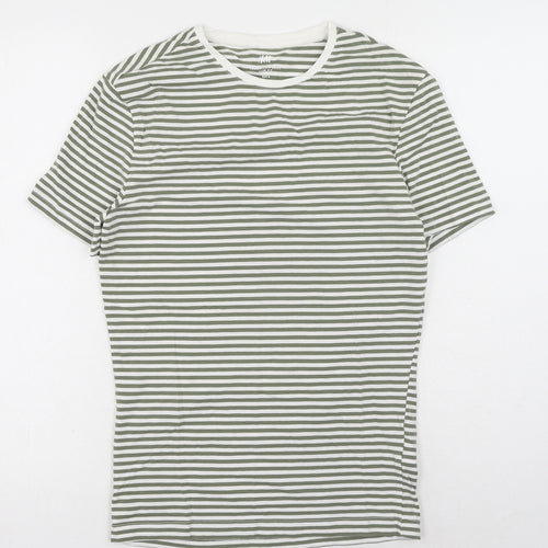 H&M Mens Green Striped Cotton T-Shirt Size S Round Neck