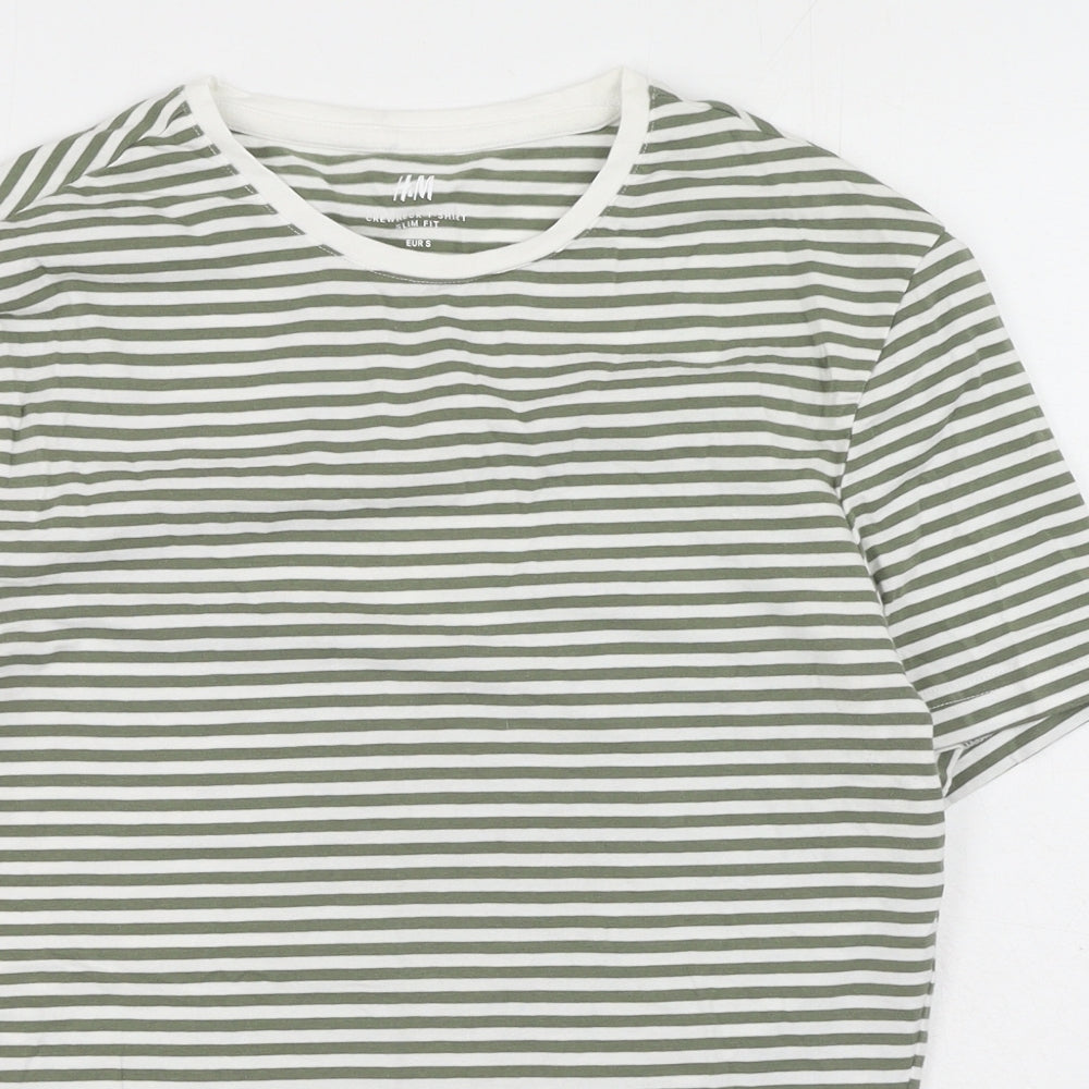 H&M Mens Green Striped Cotton T-Shirt Size S Round Neck