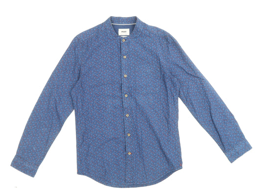 Max Mens Blue Floral Cotton Button-Up Size S Round Neck Button